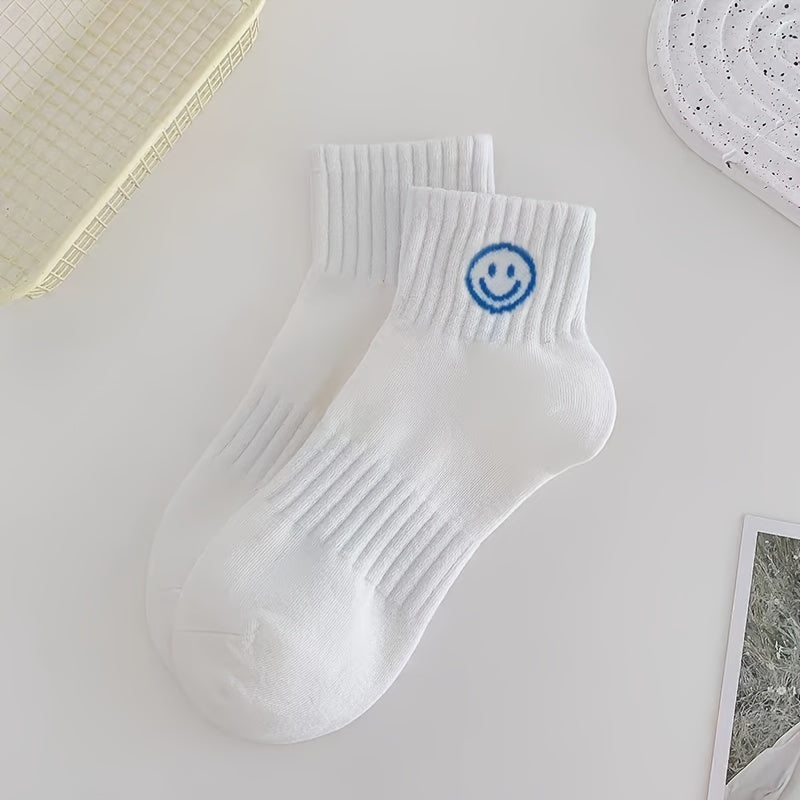 Mujeres calcetines cortos 5 pares con estampado de cara de dibujos animados, calcetería ligera de punto