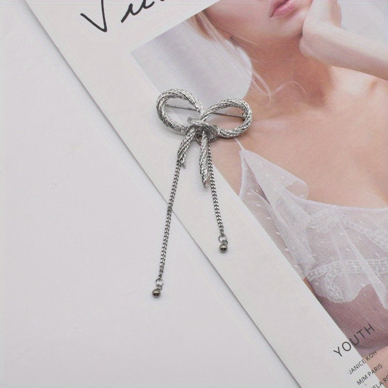 Unisex Enamel Bow Ribbon Tassel Chain Brooch Pin Elegant Jewelry