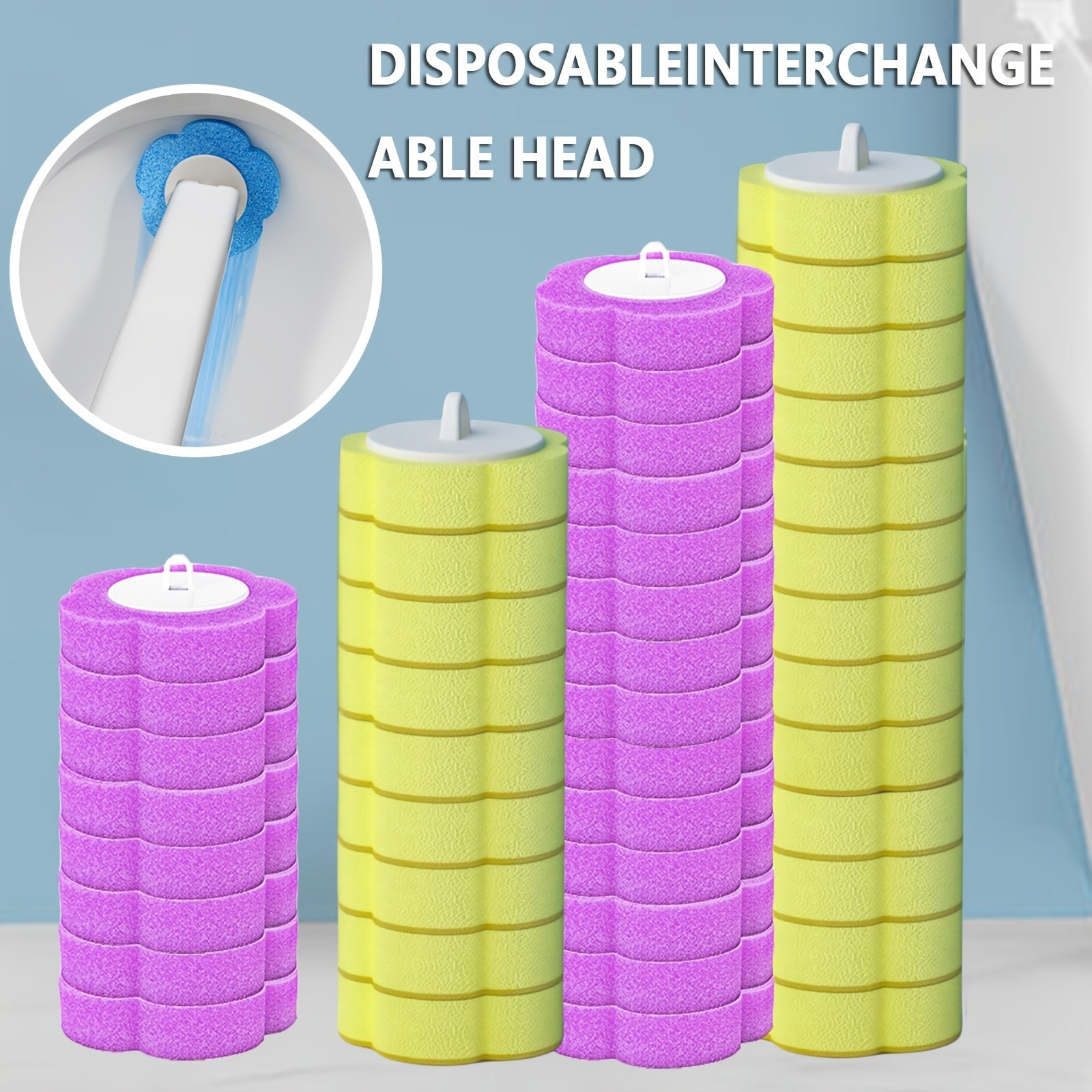 Replaceable Toilet Brush Set with 2 Replacement Heads in Yellow and Purple