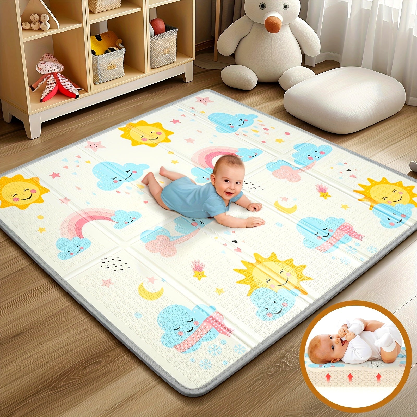 Reversible Foam Play Mat 127x127cm Waterproof Foldable with Zoo and Geometric Patterns