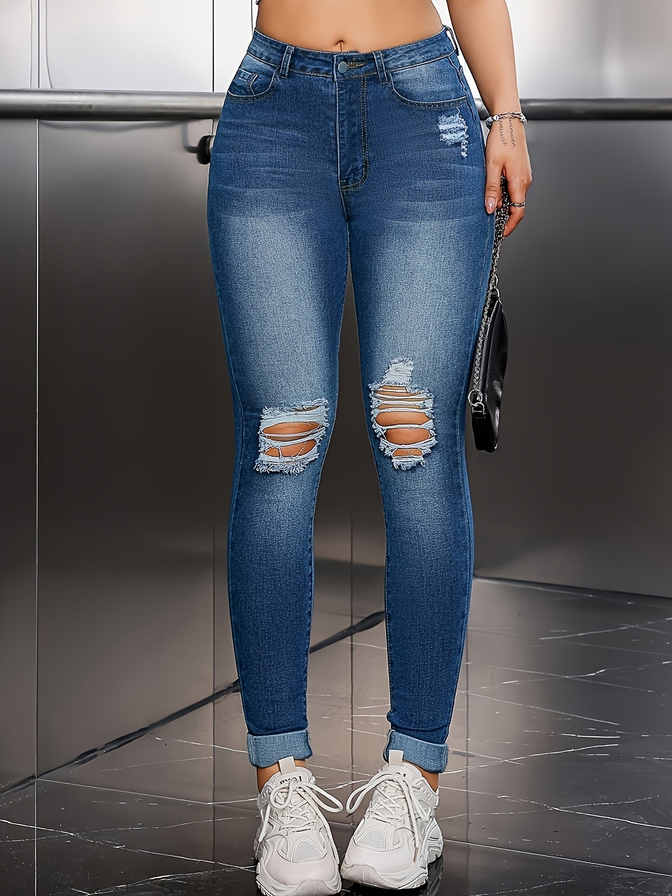 Women Plus Size Distressed Denim Jeans with Rolled Hem Light Blue Stretchy Casual