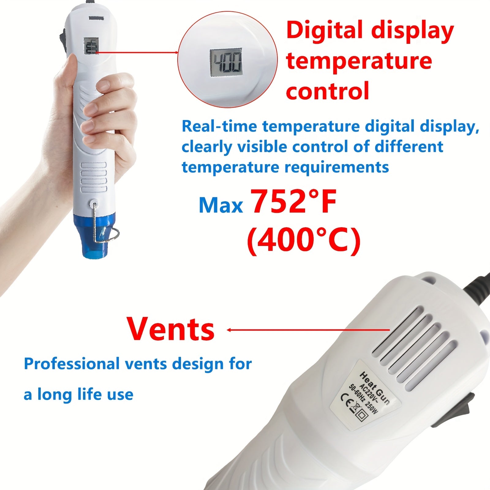 Mini 300W Hot Air Gun with Digital Display for Epoxy Resin Bubble Removal Drying and Shrink Packaging