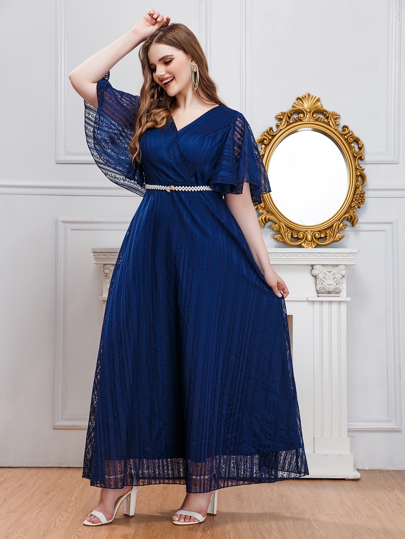 Plus Size Women's Polyester Evening Gown V-Neck Ruffles Pearl Belt