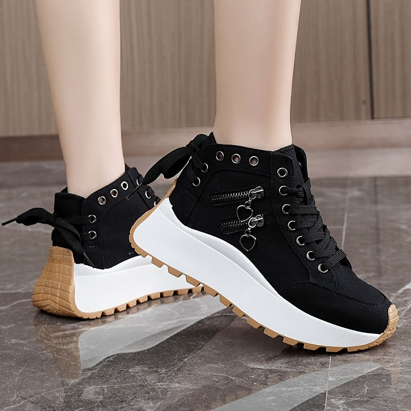Women's Casual High-Top Sneakers Beige Breathable Fabric Lace-Up Shoes