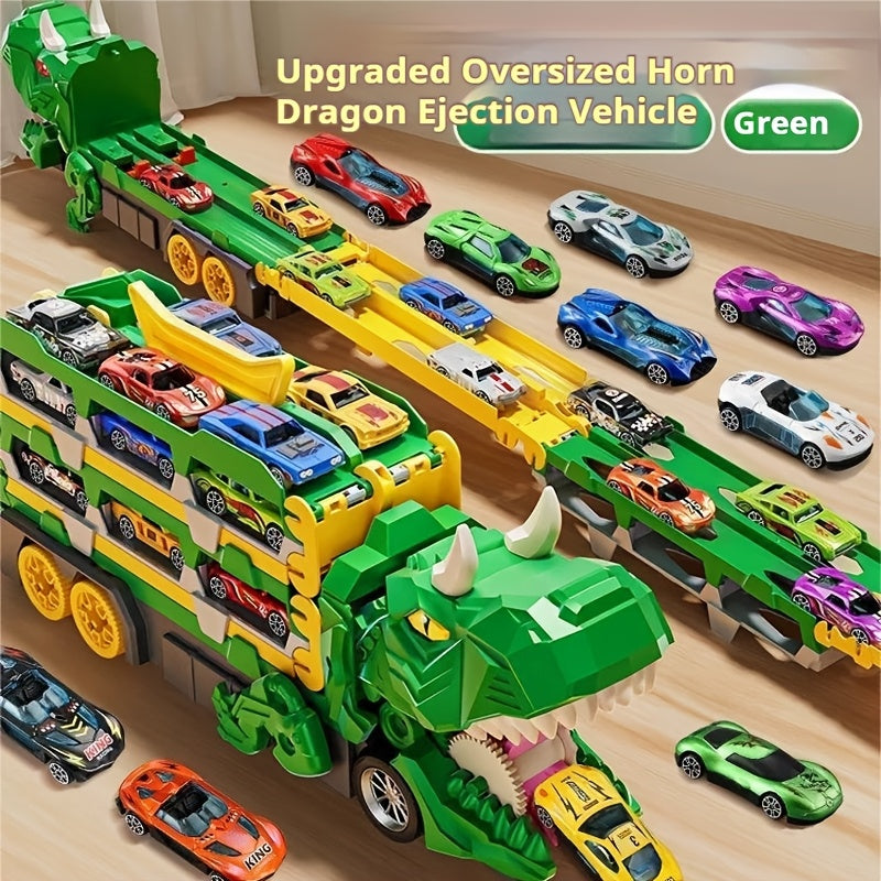 3-in-1 Dinosaur Transformer Truck Playset with 6 Mini Cars and Dual Track Racing