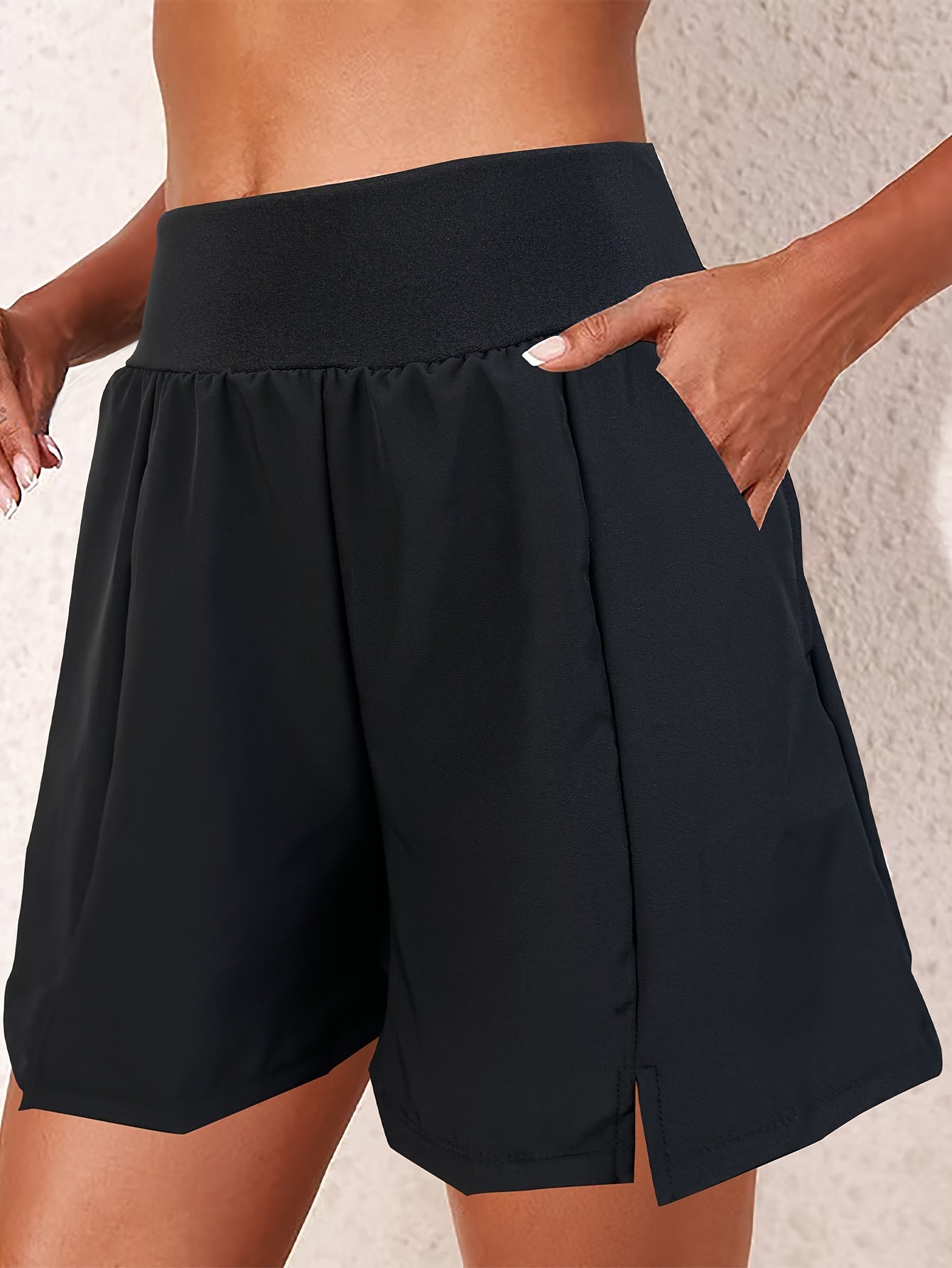 Women's High-Waist Swim Shorts Solid Nylon Spandex Non-See-Through Pockets