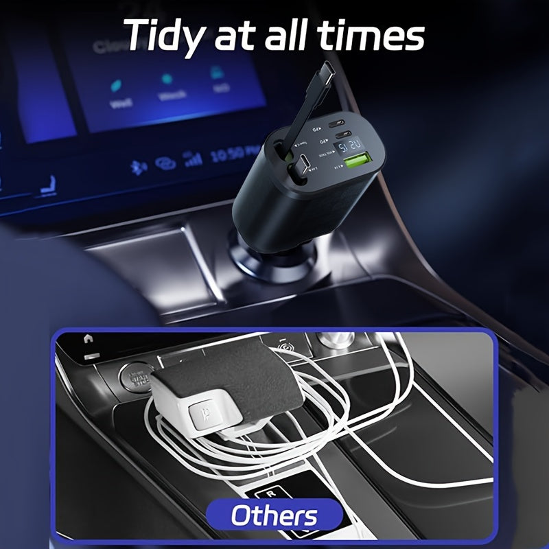 4-in-1 Fast Charging Car Charger with Retractable Cable Dual PD Ports