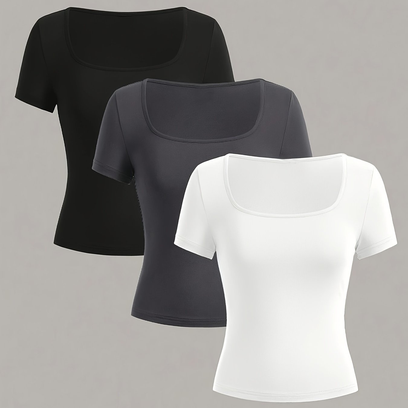 Set of 3 Women's Square Neck Short Sleeve T-Shirts Casual Sporty Polyester Black White Red