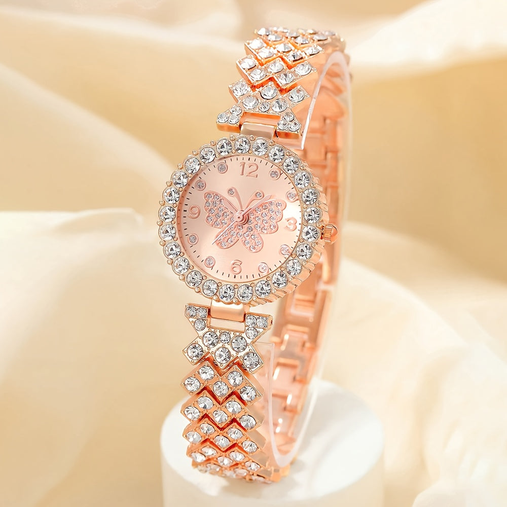 Set of 2 Women's Elegant Butterfly Quartz Watches with Rhinestone Bracelets