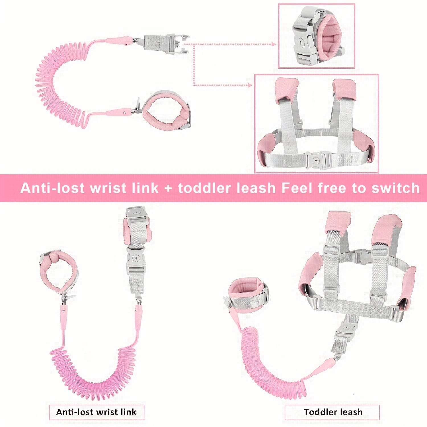 Pink Toddler Safety Leash 8.2 Feet Child Wrist Link Harness for Babies and Kids