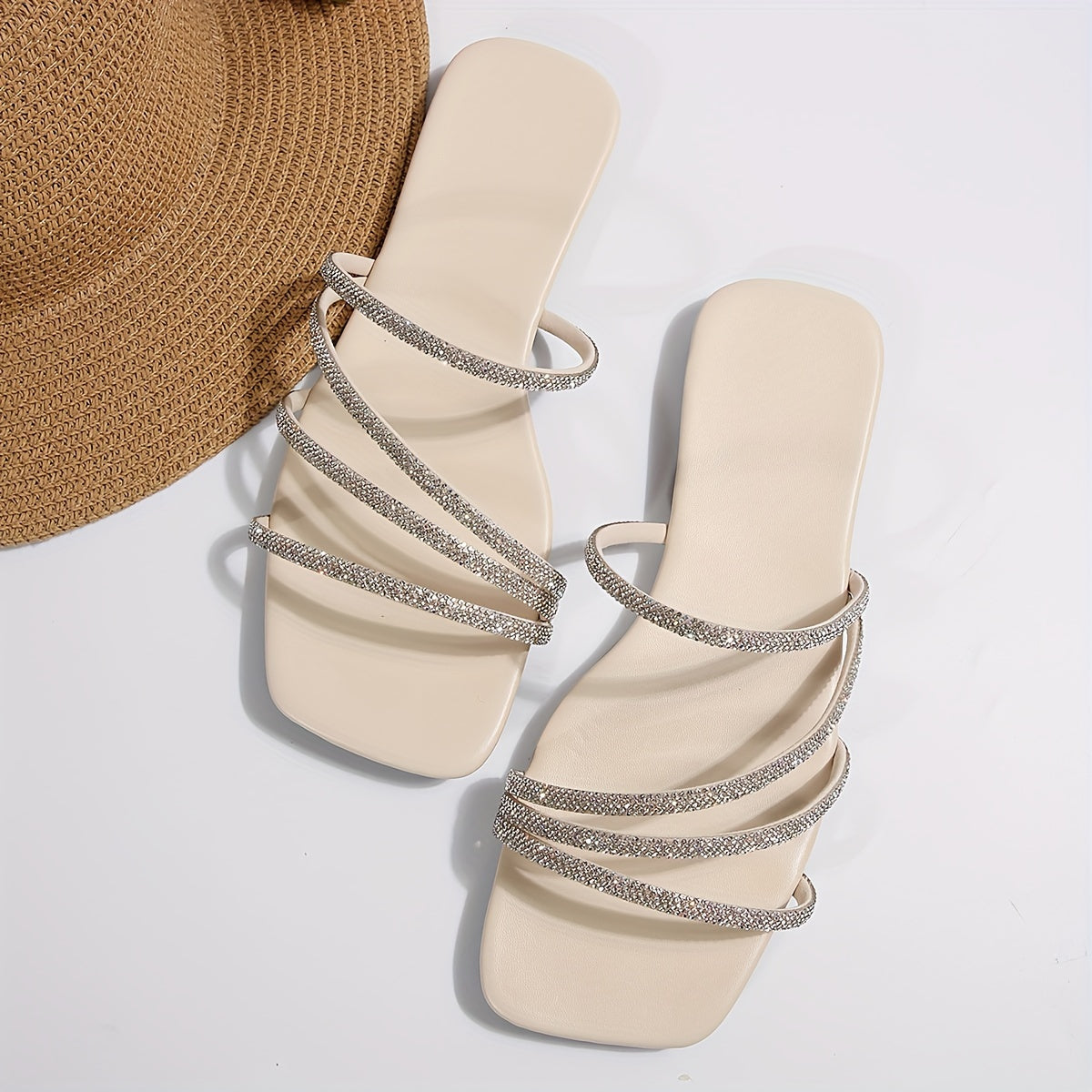 Women's Faux Leather Slide Sandals Open Toe Rhinestone Flat Shoes