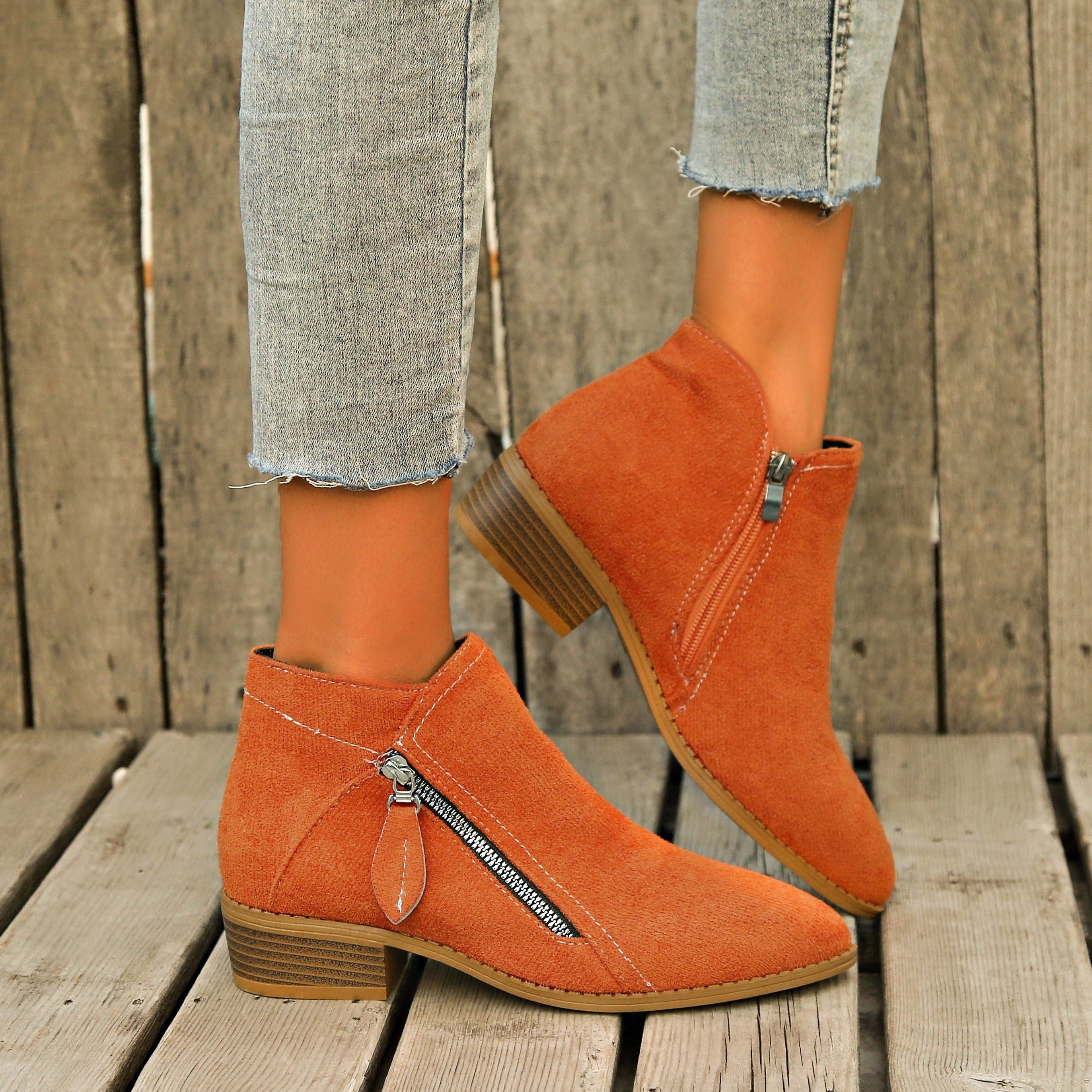 Women's Ankle Boots Retro Solid Color Casual Leather Footwear with Chunky Heel