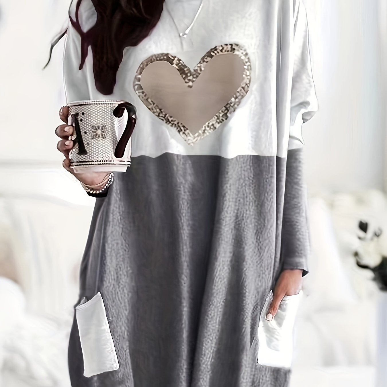Women's Long Sleeve T-Shirt Heart Print Color Block Fall Winter Easy Care