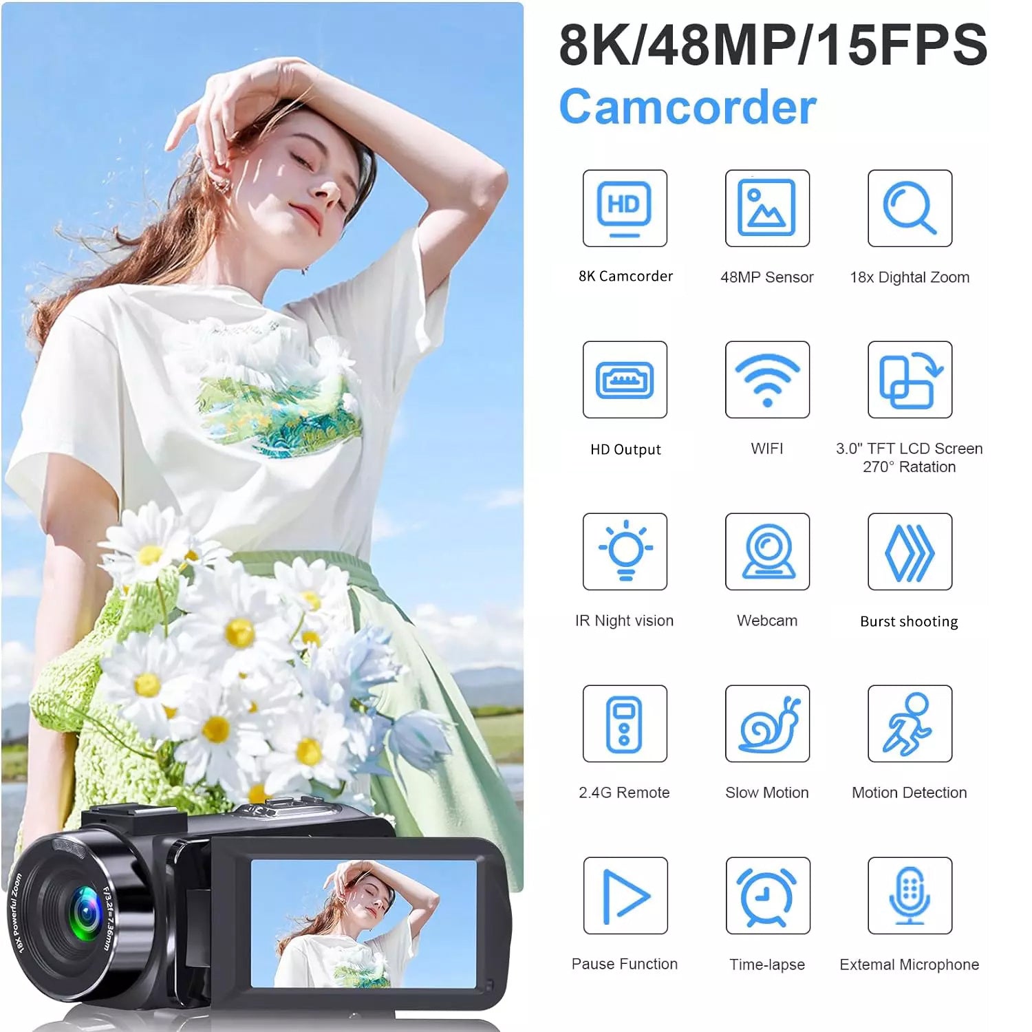 8K 64MP CMOS Action Camera with 18x Digital Zoom Night Vision Touchscreen WiFi Remote