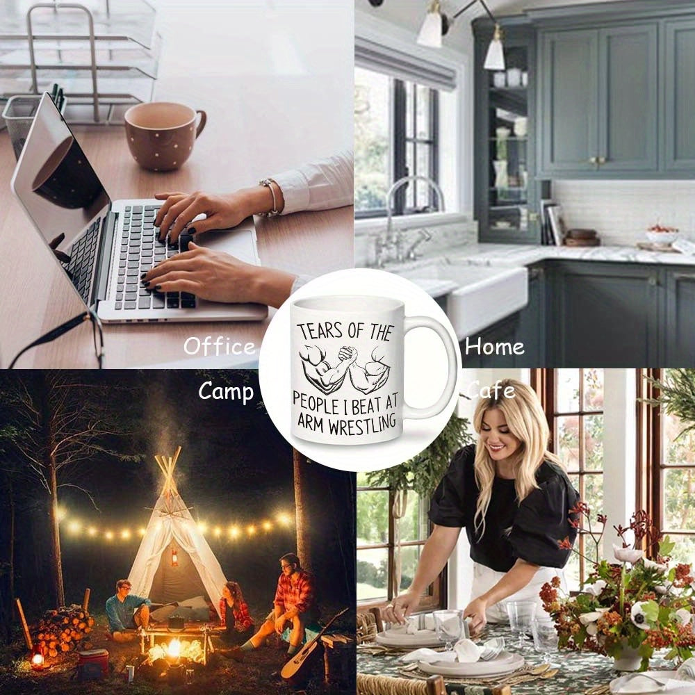 Funny Arm Wrestling Mug with "Tears of the People I Beat" Design Ceramic Coffee Cup for Office Camping and Home