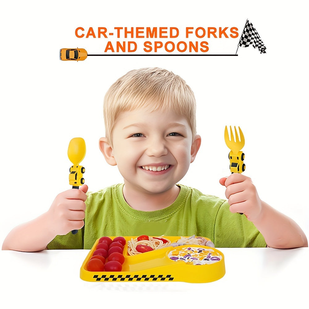 Kids' Cartoon Truck Fork and Spoon Set Non-Toxic Easy-Hold Feeding Utensils in Various Colors
