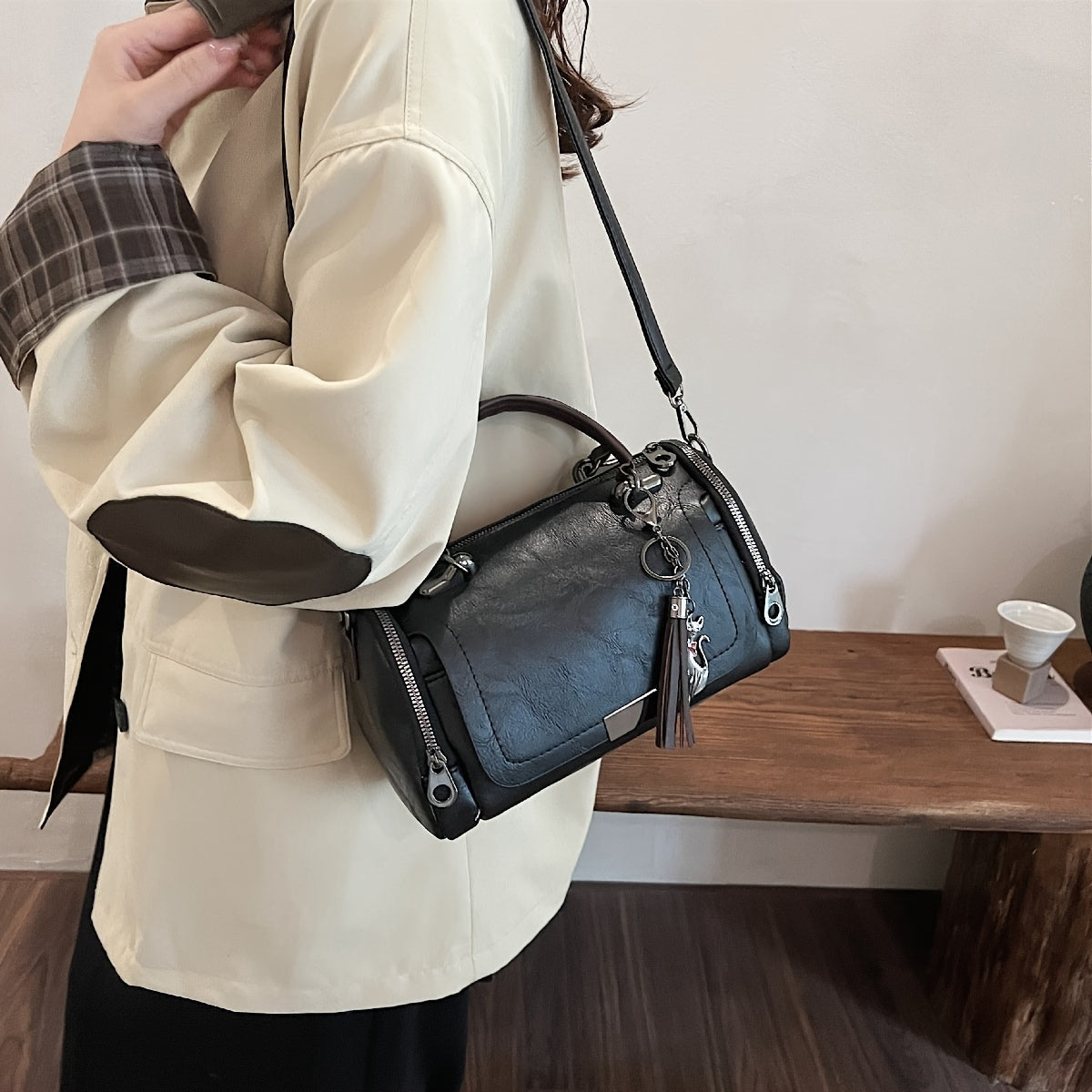 Vintage Crossbody Bag for Women PU Solid Color Casual Shoulder Handbag with Wallet