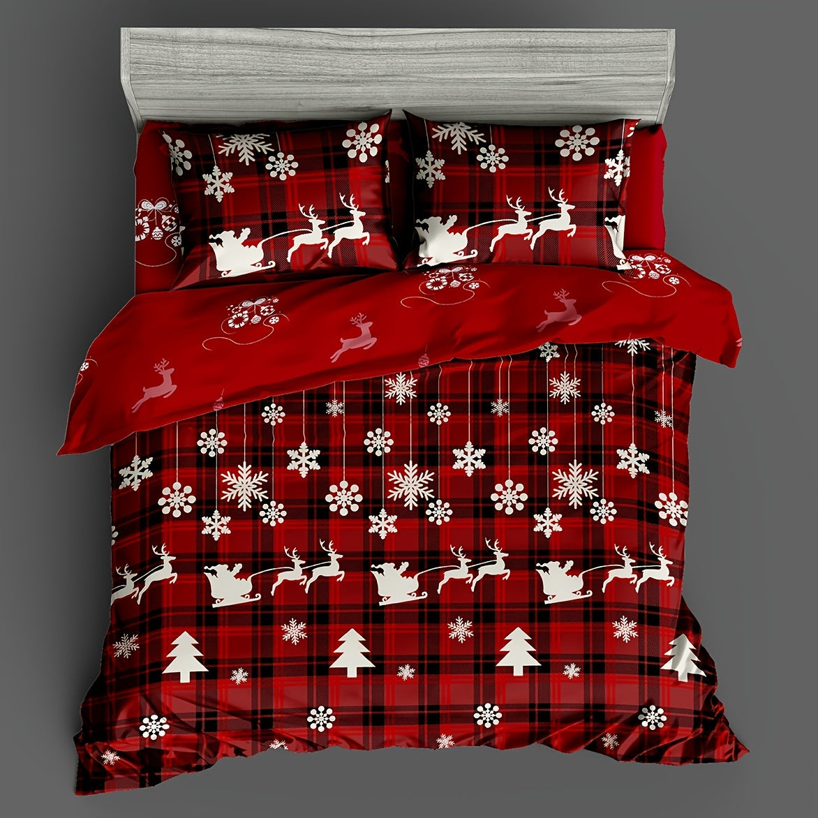 Christmas Duvet Cover Set 3 Pieces Checkered Xmas Tree Elk Snowflake Bedding
