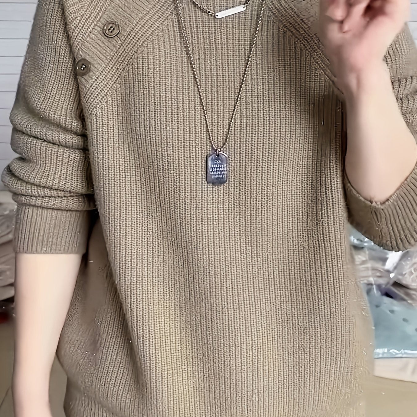Women's Polyester Crew Neck Sweater with Long Sleeves and Button Details for Fall Winter
