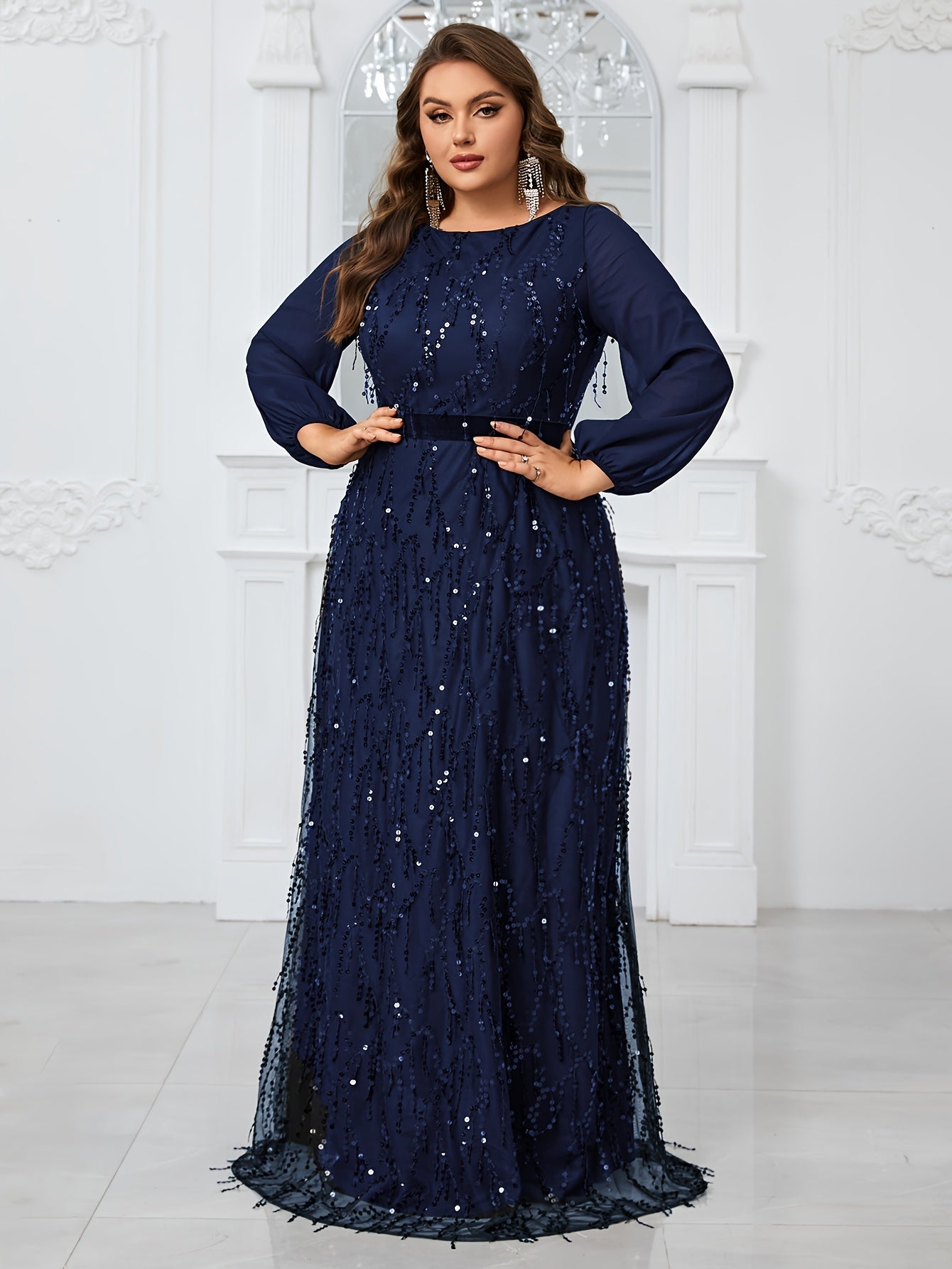 Plus Size Black Sequin Lantern Sleeve Evening Gown Formal Dress for Prom Weddings