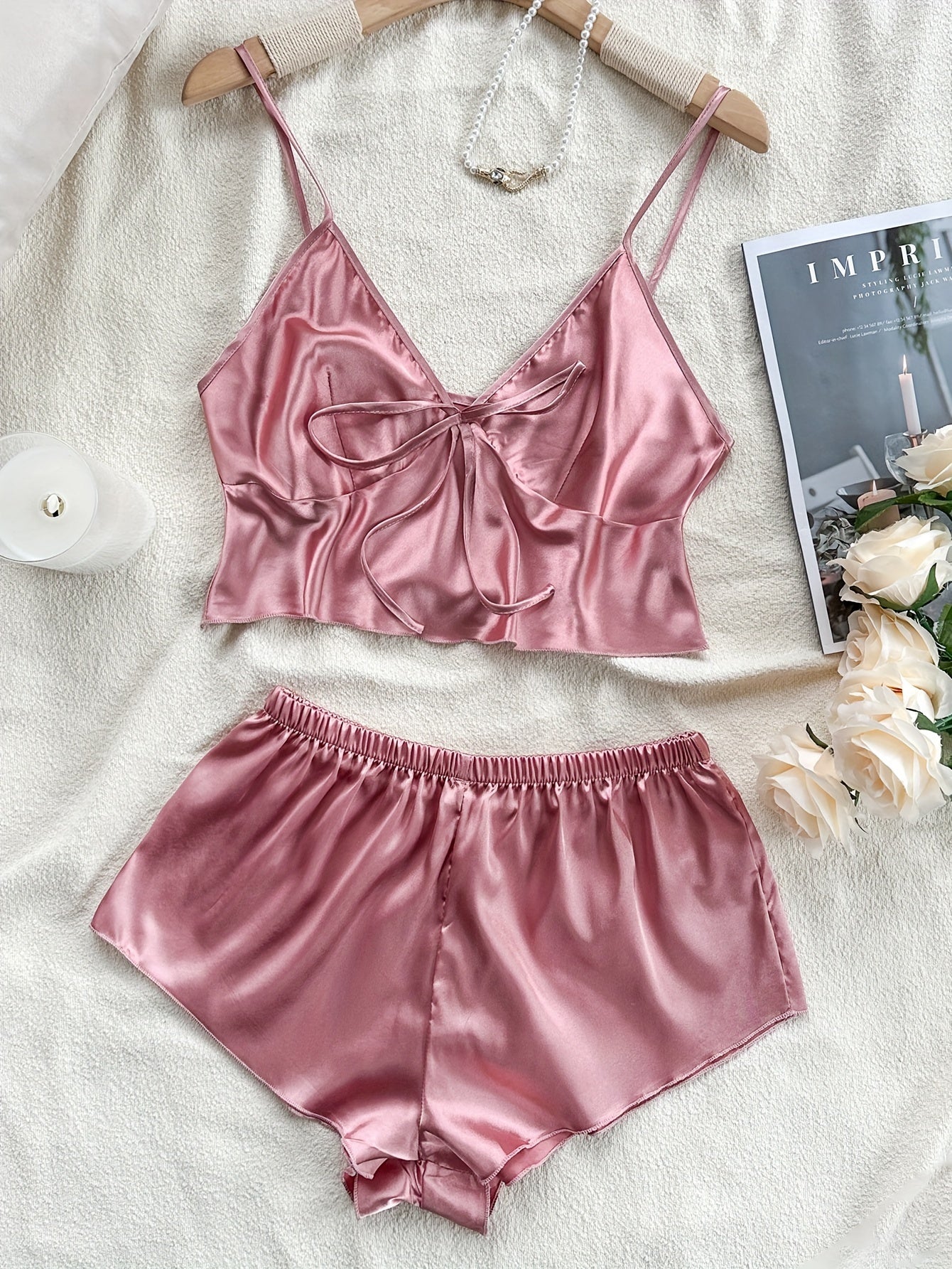 Women's Satin Pajama Set with Backless Crop Top and Mini Shorts for Summer