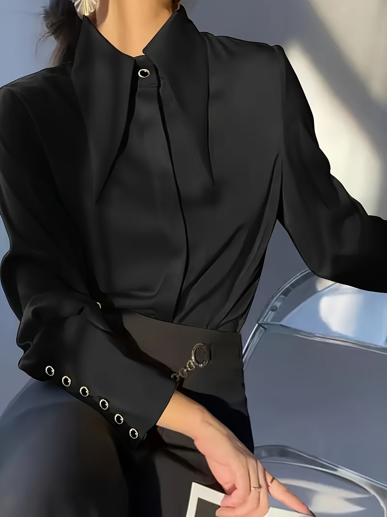 Women's Plus Size Polyester Shirt Solid Color Woven Blouse for Work or Casual