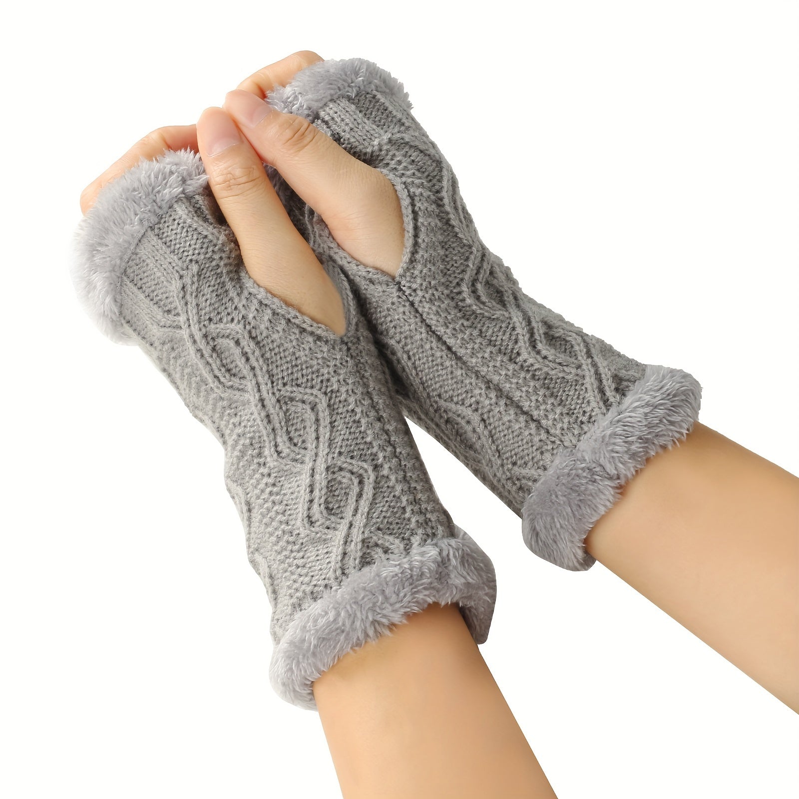 Solid Color Twist Knit Fingerless Gloves with Velvet Lining for Winter Warmth