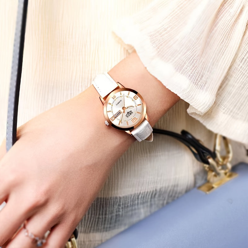 Women's Quartz Watch Leather Strap Dual Calendar Luminous Week Function