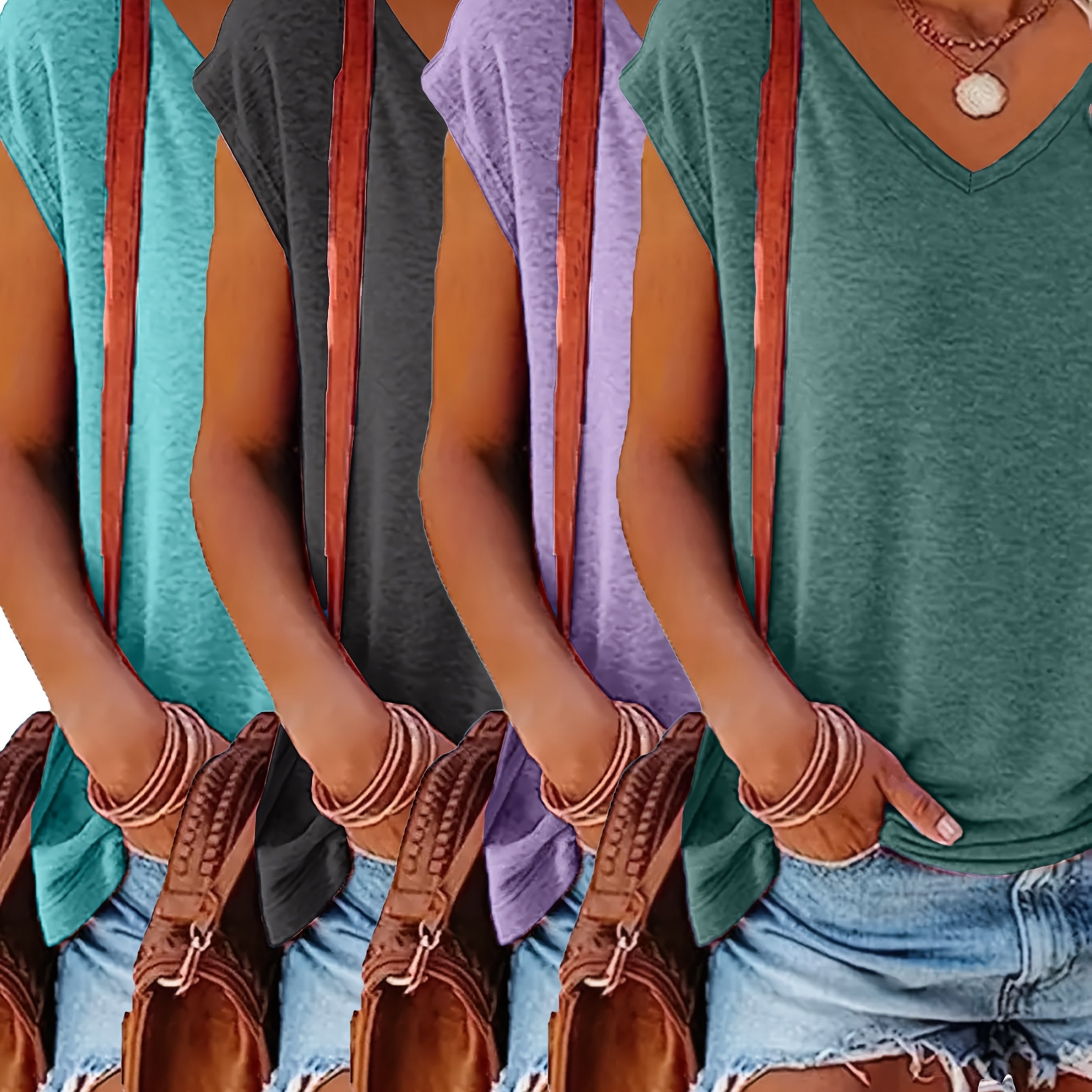 Комплектация из 4 футболок с коротким рукавом и V-образным вырезом для полных женщин, летние повседневные топы