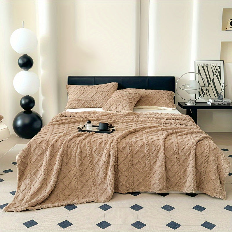 Double-Sided Velvet Office Blanket Rhombus Grid Tartan and Solid Color Square Pattern