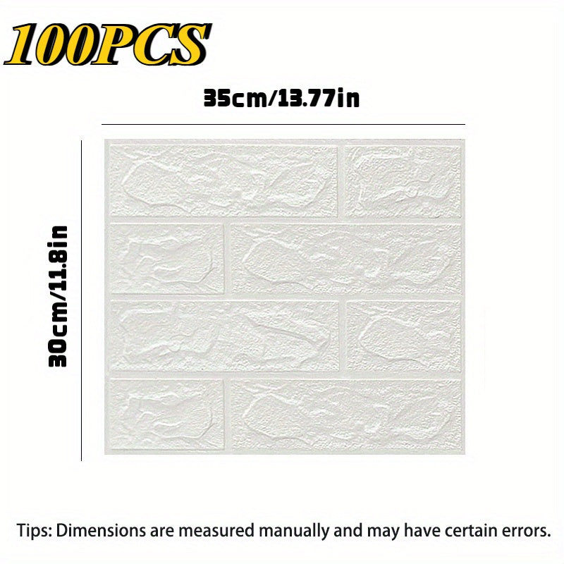 100pcs 3D Foam Brick Wallpaper Self-Adhesive Waterproof Easy to Clean for Kitchen Living Room Bedroom