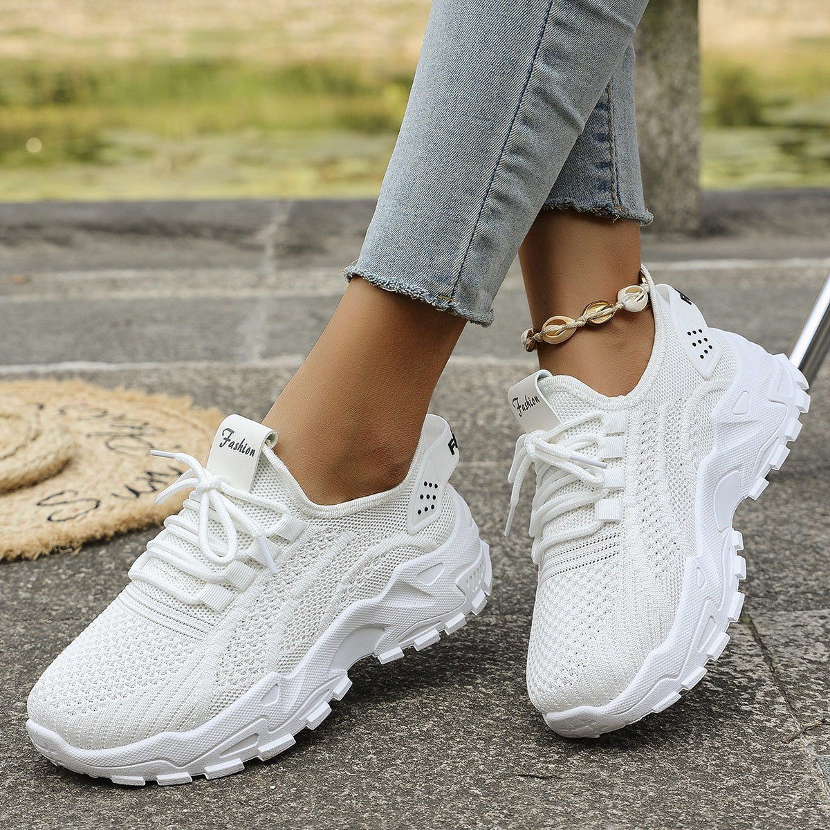 Women's Breathable Knitted Loafers Slip-On Casual Shoes with Thick Soles