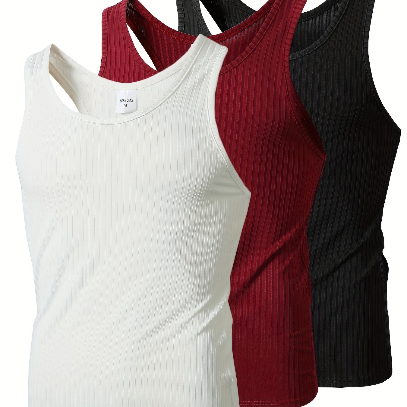 Men's Knitted Vertical Stripe Tank Top Set of 3 Polyester Sleeveless Sports Casual
