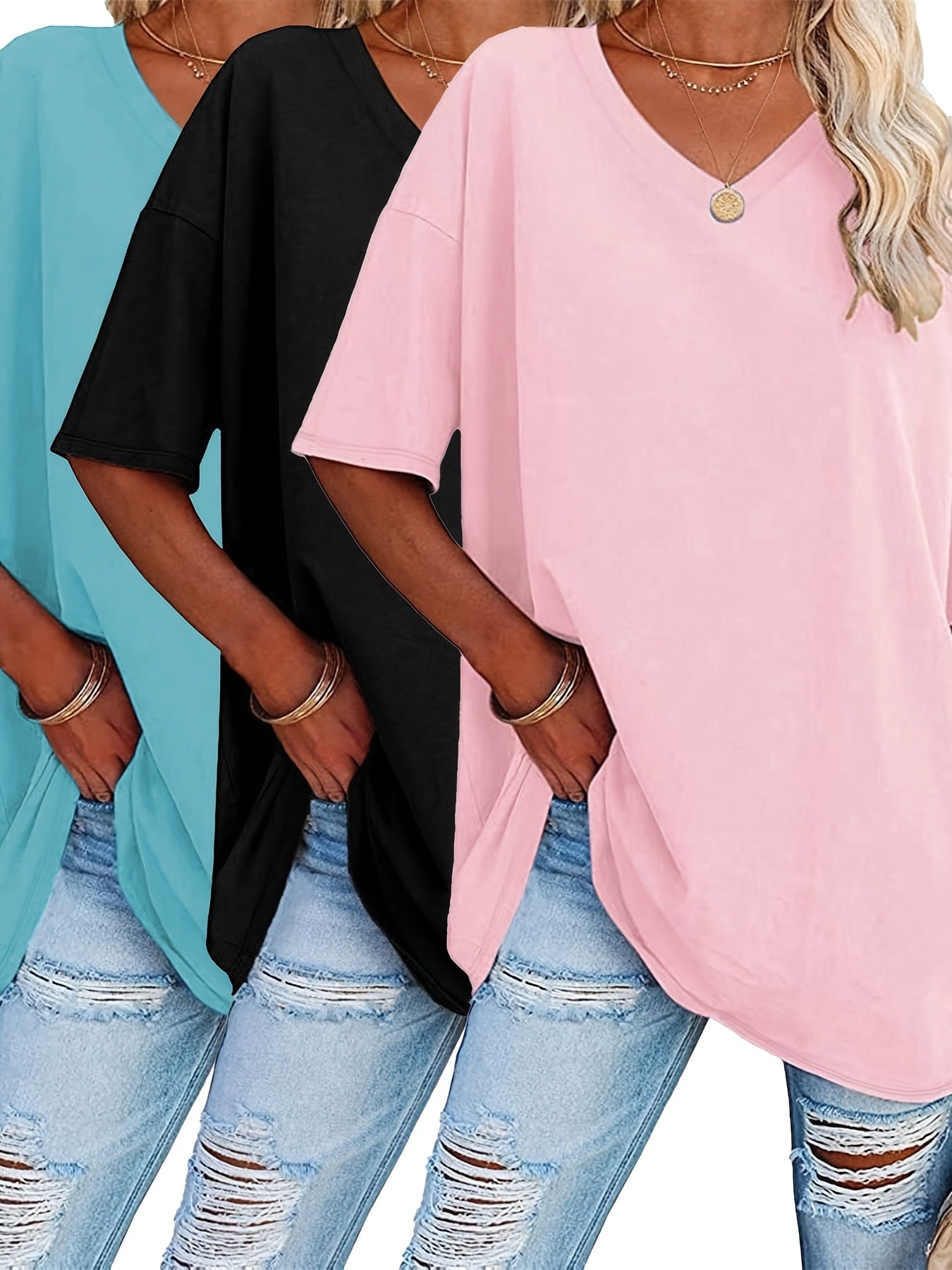 Женский комплект топов с коротким рукавом и V-образным вырезом свободного кроя, весна-лето, 3 шт.