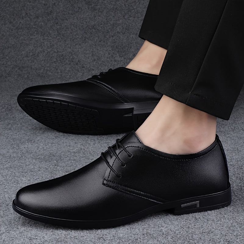 Zapatos de vestir de microfibra similar a cuero para hombre, color sólido, punta redonda, casual de negocios, bajo