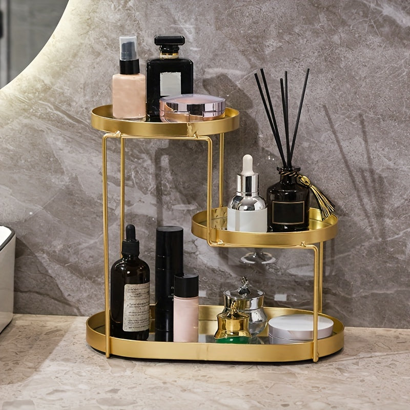 Golden Metal Cosmetic Organizer with 3 Tiers Marble Pattern Vanity Bathroom Storage