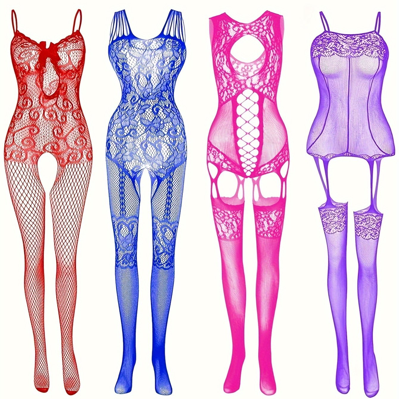Ayollar uchun Fishnet Bodysuit to'plami, kesmalar bilan shaffof tarmoq ichki kiyim