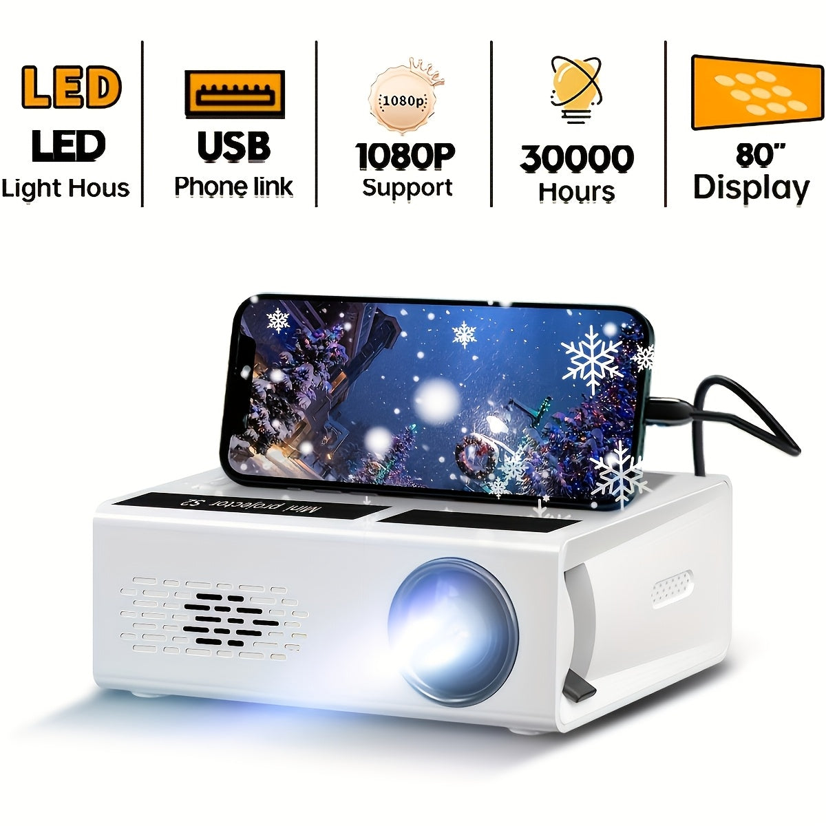 Портативный мини-проектор для уличного домашнего кинотеатра USB HDTV AV IOS Android