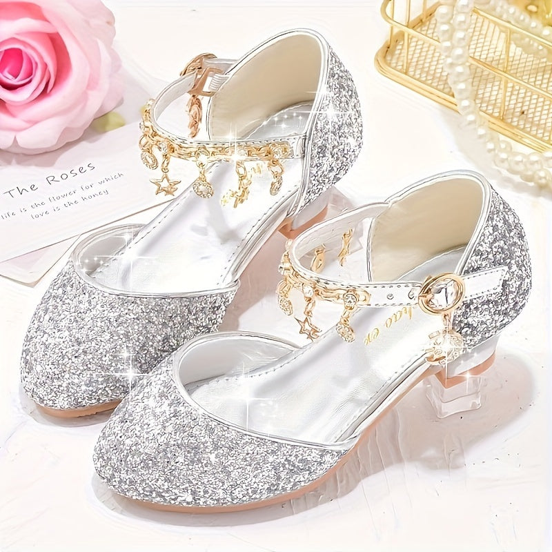 Girls High Heels Sparkling Glitter Sequin Rhinestone Star Dress Shoes for Weddings Performances