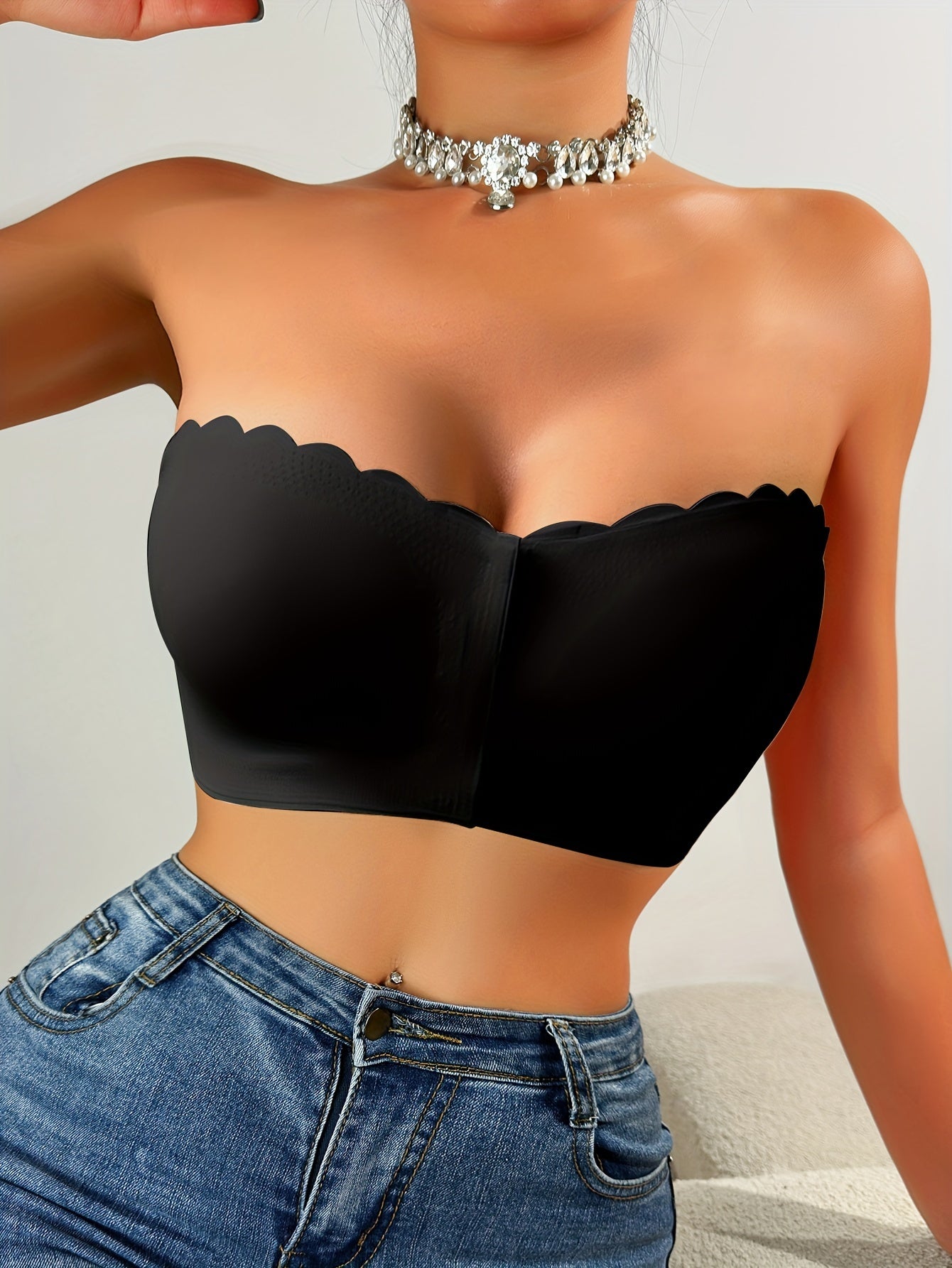 Women's Solid Color Wave-Edge Strapless Front Closure Bra