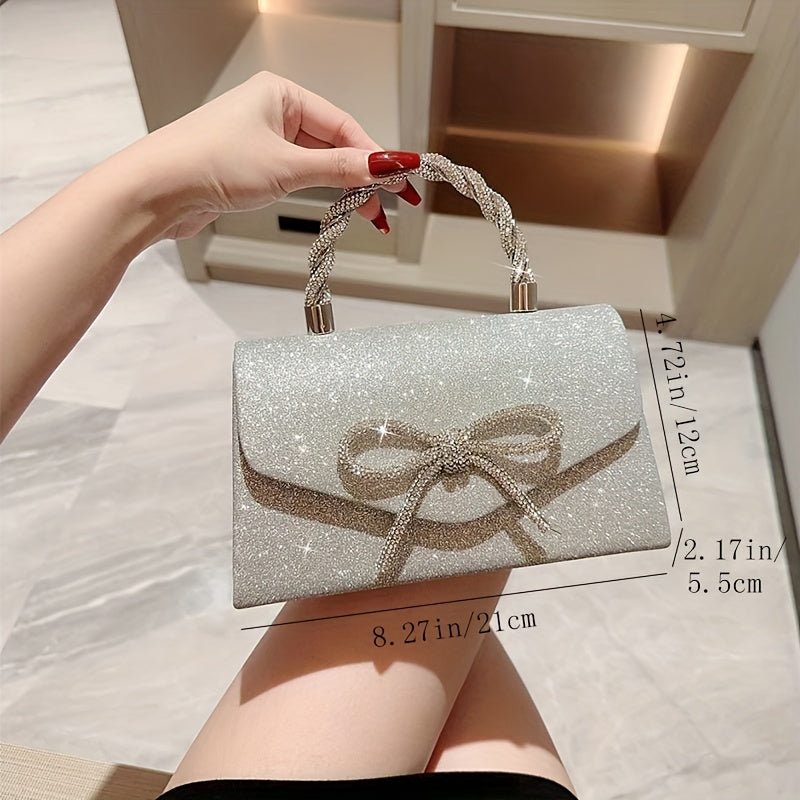 Women's Clutch Bag with Rhinestone Bowknot Chain Strap Polyester Evening Handbag Black Gold Silver Gray
