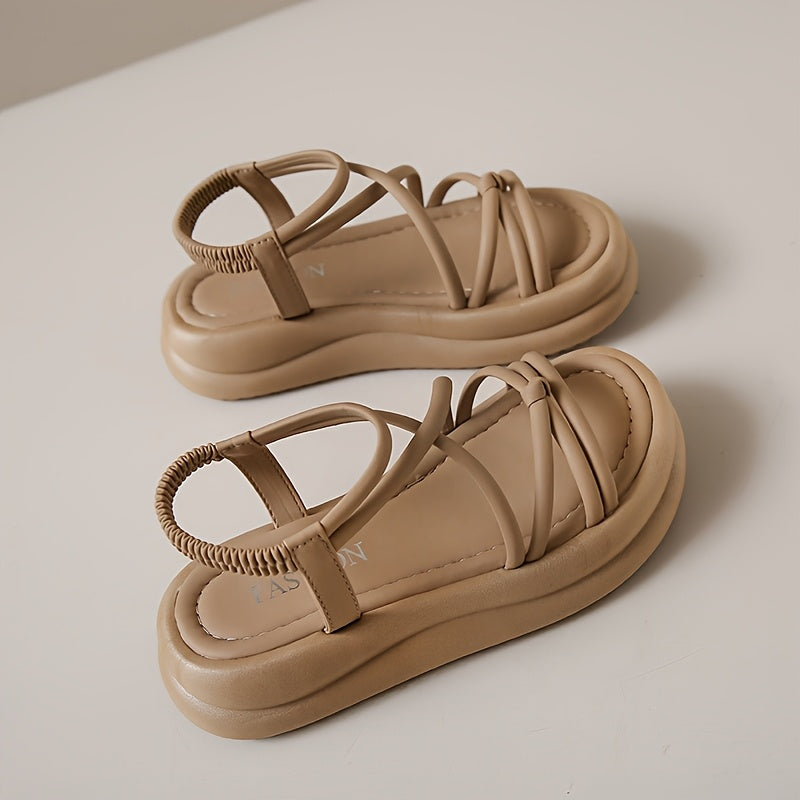 Women's Sandals Elastic Strap Slip-On Open Toe Mid-Heel Comfortable PU Platform