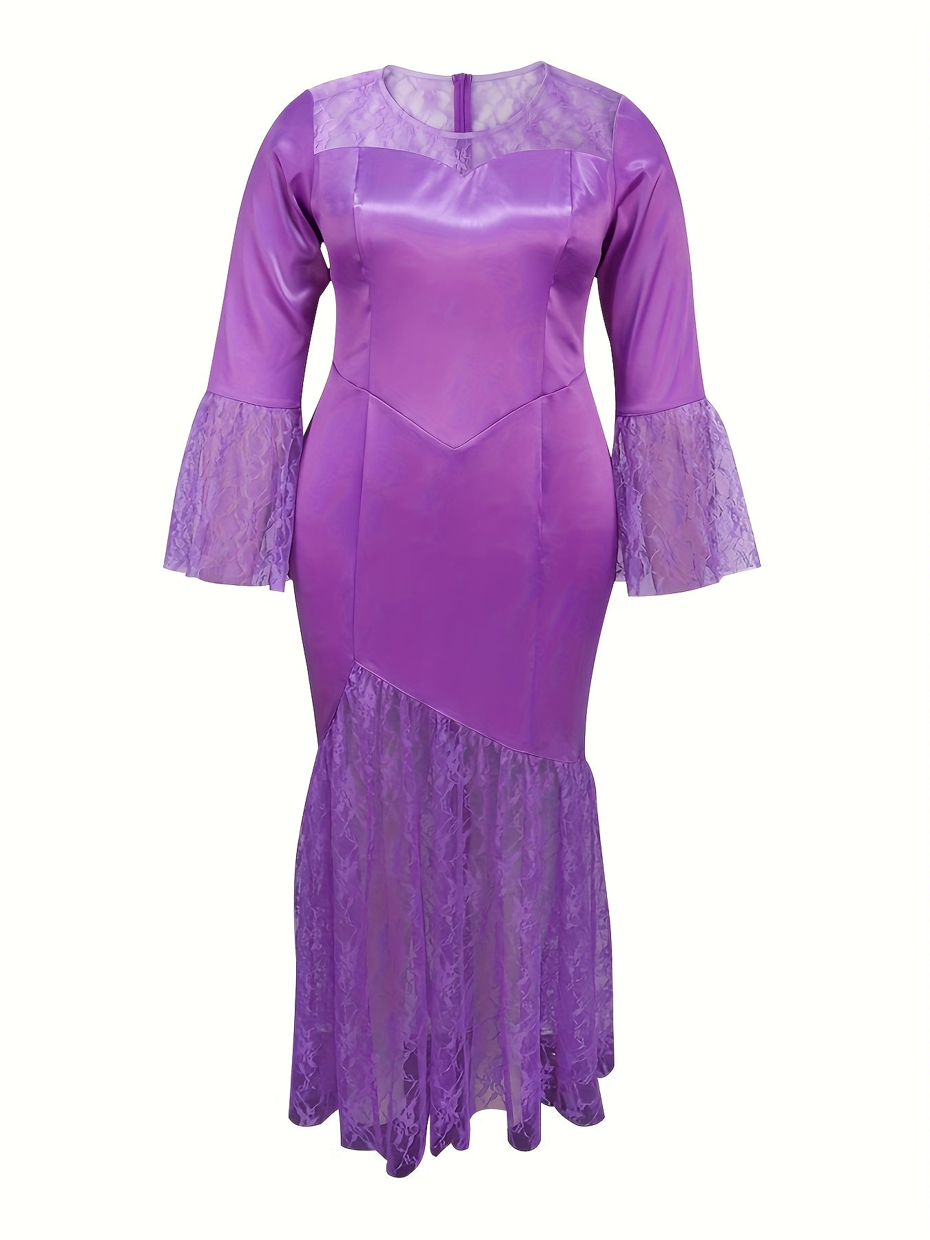 Women's Satin Lace Mermaid Evening Gown with Flared Sleeves and Round Neck