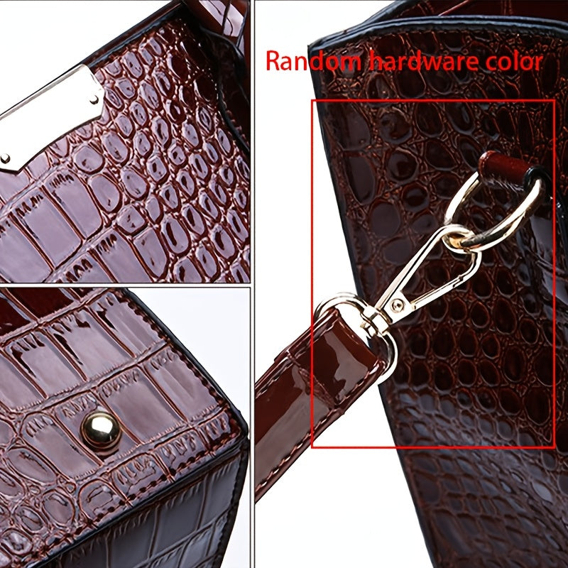 Crocodile Pattern Leather Handbag for Travel and Gifting Black Spacious Interior