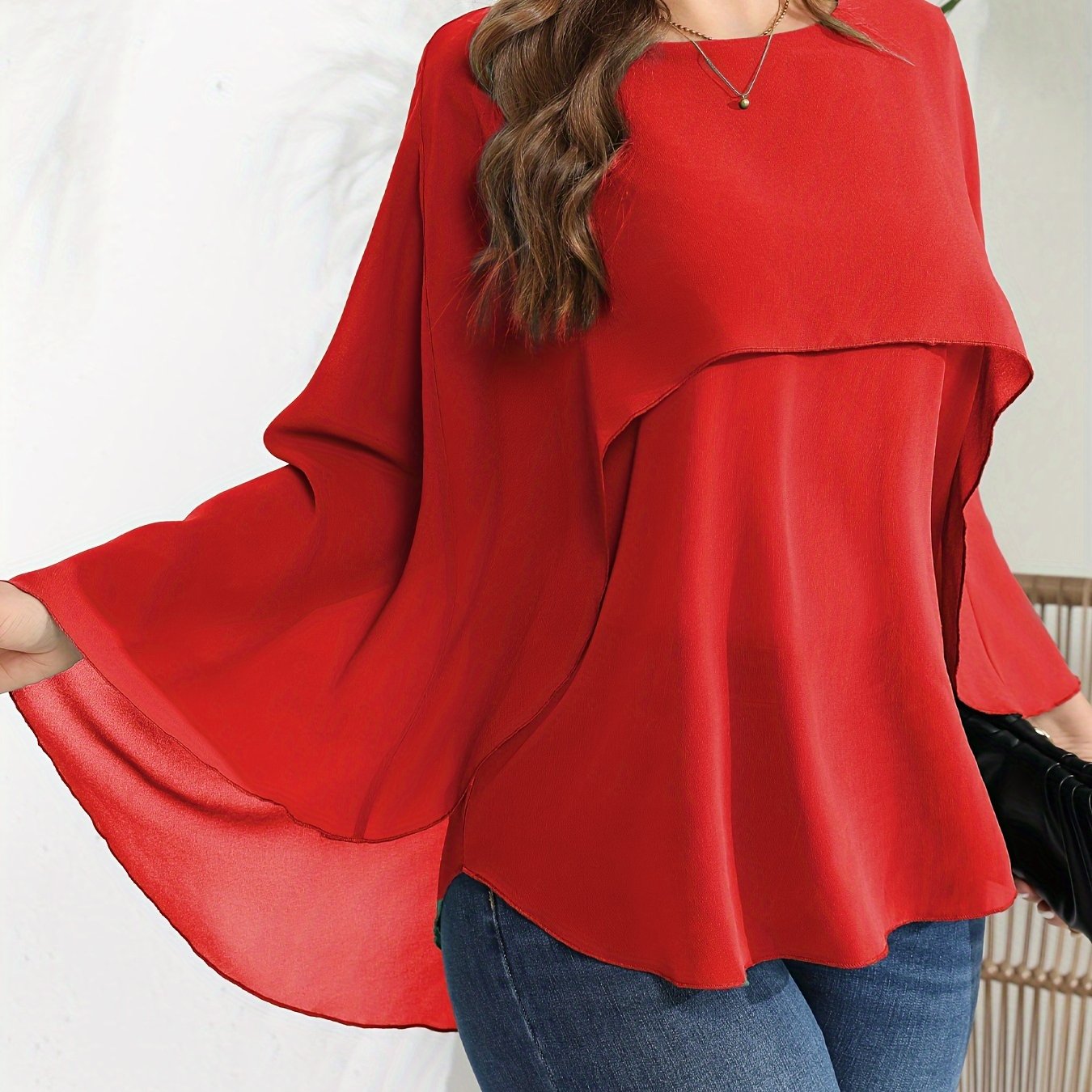 Plus Size Women's Polyester Crew Neck Blouse Solid Color Woven Shirt