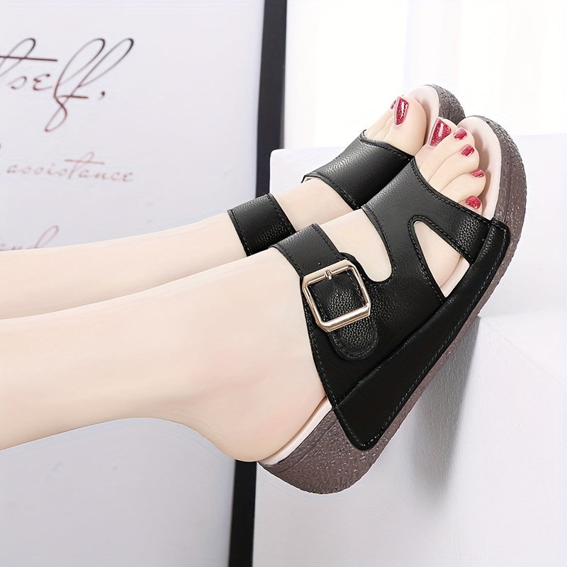 Women's Gray Wedge Slides with Brown Sole Open Toe Double Buckle Straps Casual All-Season
