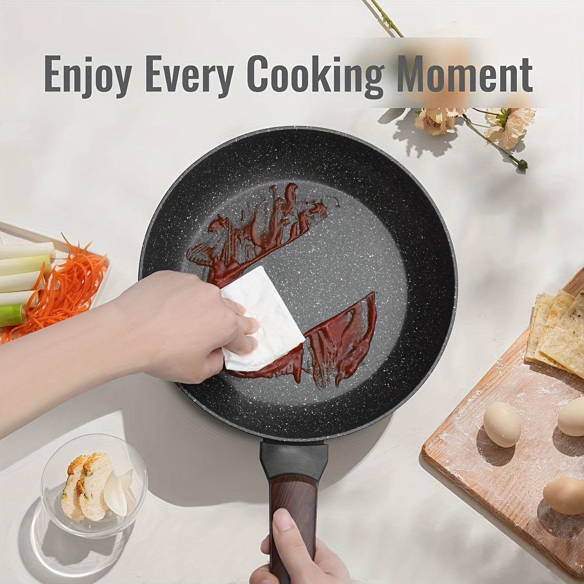 Yuqori sifatli Nonstick Granite Skillet - PFOAsiz, Induksion plitkalariga mos, tuxum va omlet pishirish uchun ideal, idish yuvishda oson tozalanadi, Silikon tutqich bilan jihozlangan - turli o'lchamlarda mavjud (20.32cm/22.1cm/24.13cm/25.4cm/27.94cm)