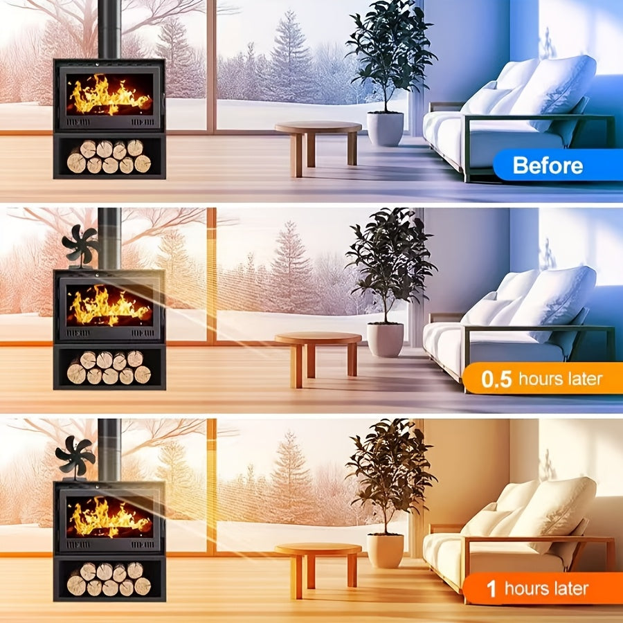 Wood Stove Fan with 6 Blades Heat-Powered No Electricity Needed for Firewood Gas Heating