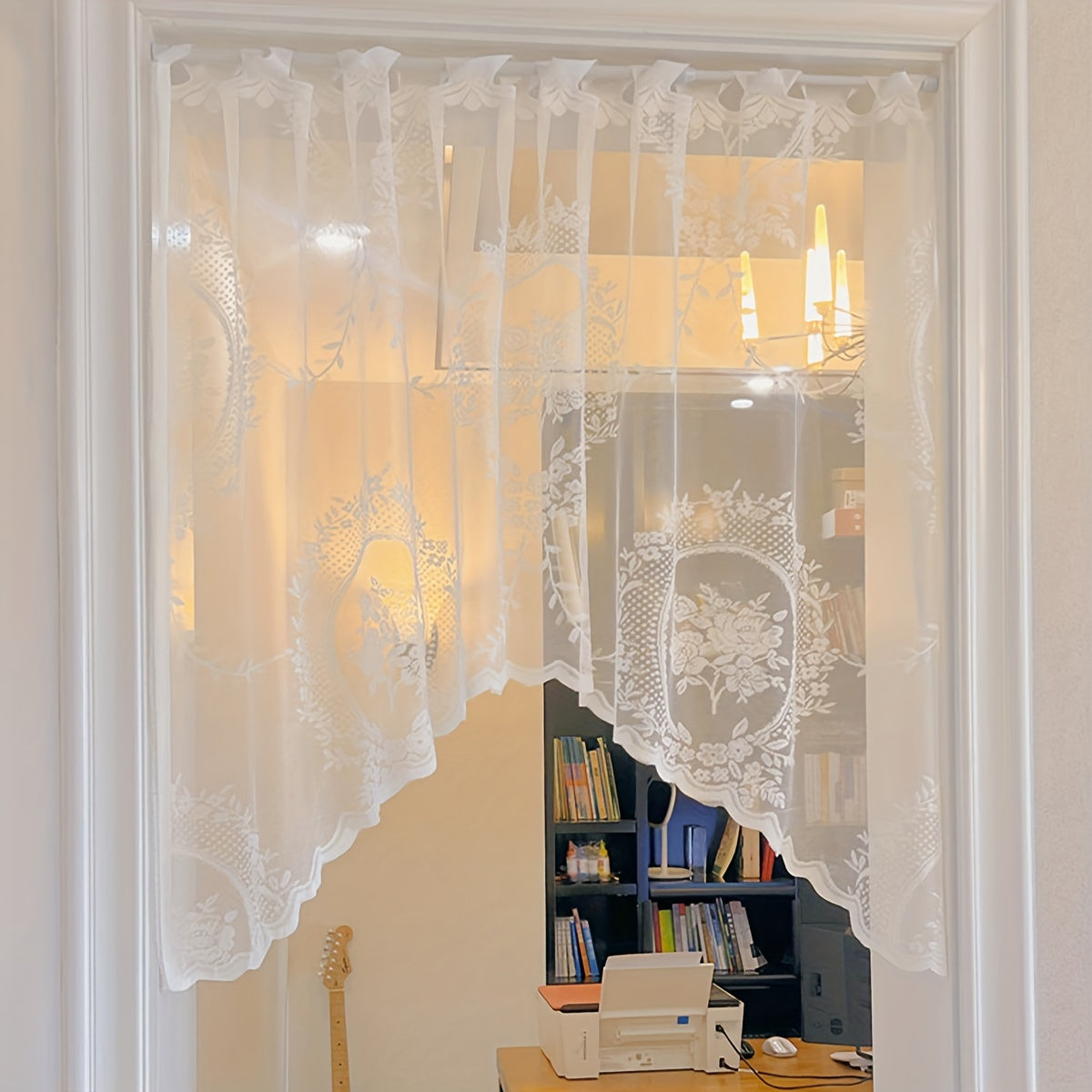 Lace Curtain Tiers with Rod Pocket Short Cafe Window Cover for Kitchen Bathroom Bedroom