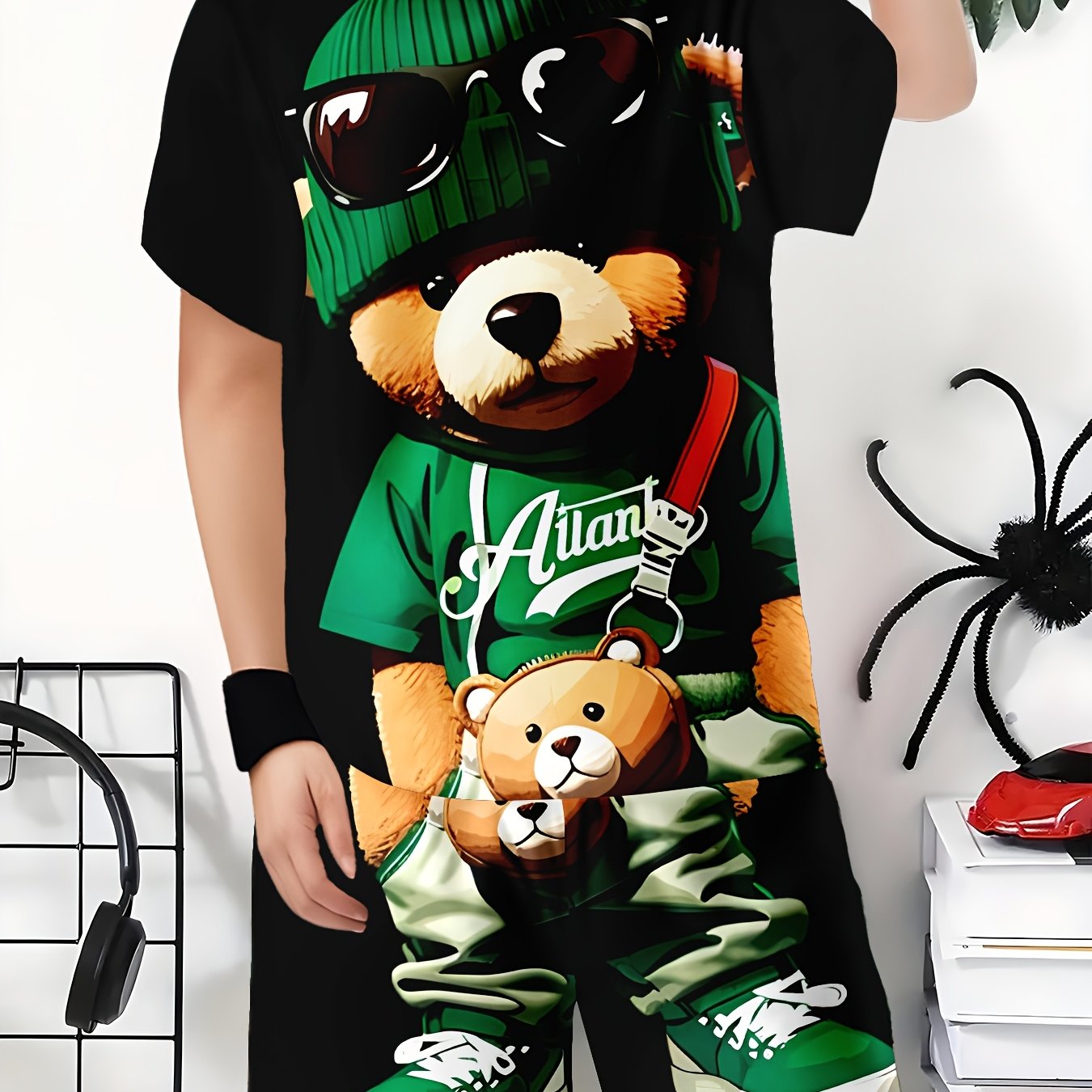 Boys Casual Outfit Set 3D Printed Bear T-Shirt and Shorts Spring Summer